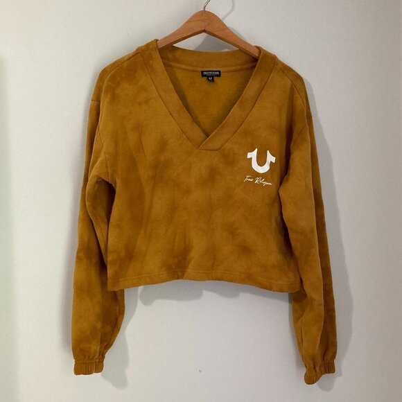 True Religion Womens Size M Cropped Sweatshirt Yellow Brown Collegiate Yoga - Picture 1 of 9